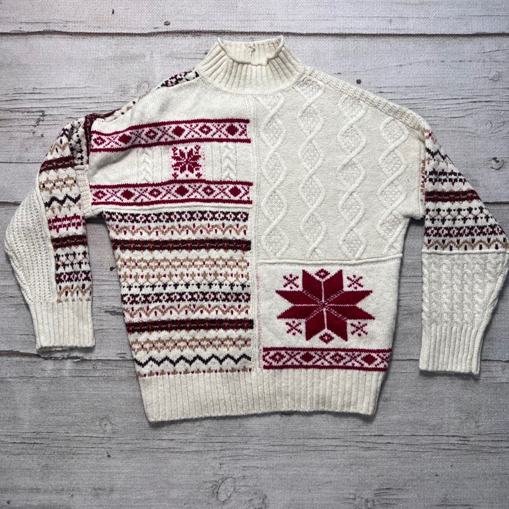 American Eagle‎ Fair Isle Patchwork Mock Neck Sweater Cream Red L